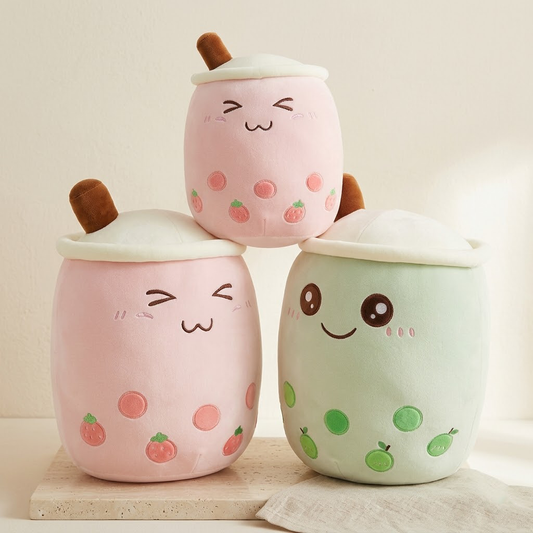 Korakio Kawaii Boba Plushie - Adorable Milk Tea Cup Stuffed Toy with Tapioca Pearls, Ultra Soft Tea Cup Pillow, Aesthetic Room Decor & Cozy Comfort Gift