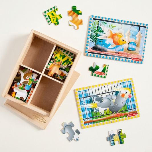 Korakio 4-in-1 Wooden Pet Jigsaw Puzzles Set for Toddlers, 48 Piece Animal Puzzles with Wooden Storage Box, Montessori Educational Learning Toys for Kids Boys Girls Aged 3-5 Years Old