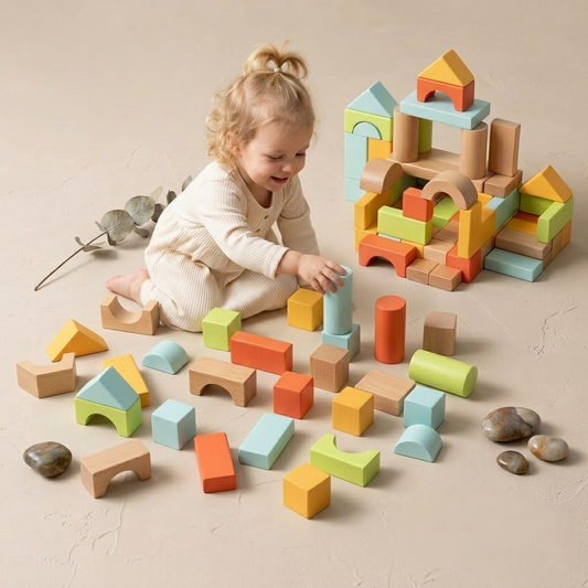 Korakio 100 Pcs Wooden Building Blocks Set for Toddlers 1-3, Educational Stacking Blocks Toy for Babies, Preschool Learning Toys with Storage Bucket, Perfect Baby Shower Gift