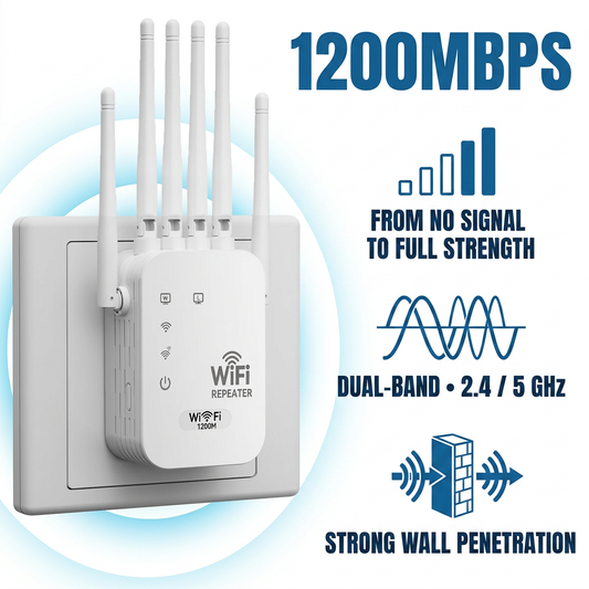DOZEBEDDING®🚀Professional 1200Mbps WiFi Extender 📶- Dual-Band 5G Signal Booster with 6 High-Gain Antennas