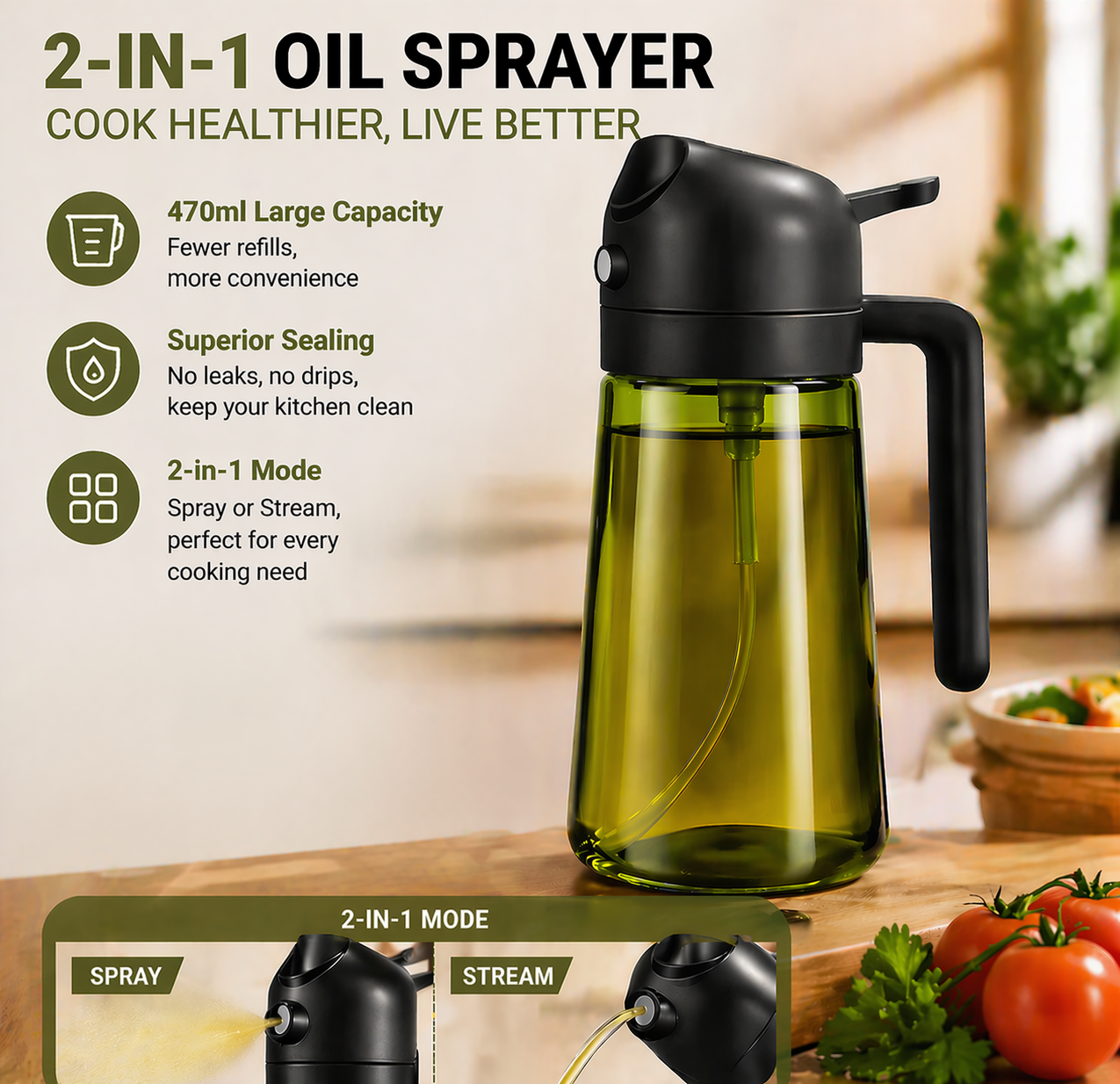 DOZEBEDDING®🥗2-in-1 Precision Oil Sprayer - High-Pressure Spray & Smooth Pour Integrated Bottle