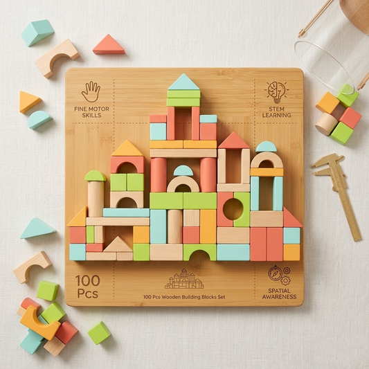 Korakio 100 Pcs Wooden Building Blocks Set for Toddlers 1-3, Educational Stacking Blocks Toy for Babies, Preschool Learning Toys with Storage Bucket, Perfect Baby Shower Gift